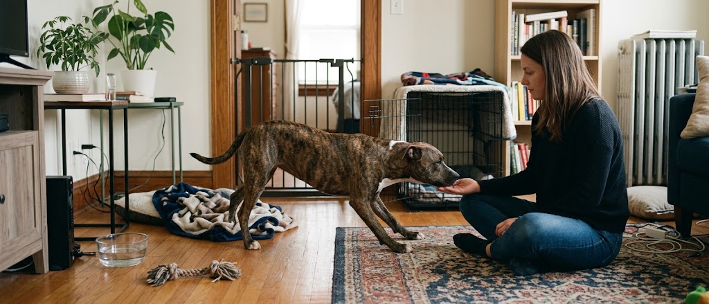 Adopter sitting quietly on a living room floor as a shy brindle pit bull mix sniffs her hand in week 1 at home